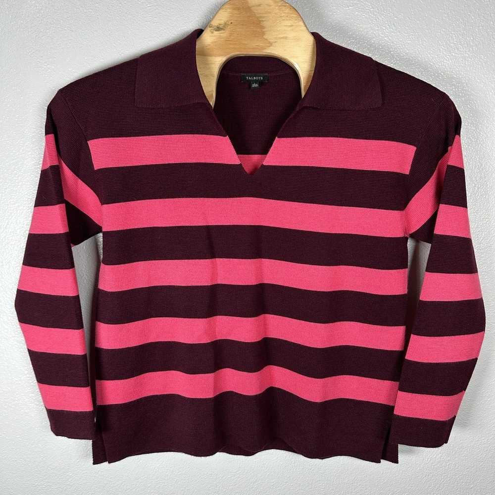 TALBOTS Wool Blend Johnny Collar Polo‎ Pullover Sweater Large Maroon Pink Stripe